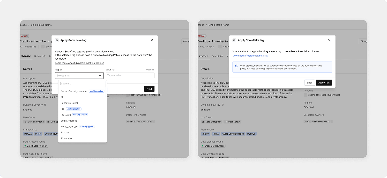 Issues view with column-level remediation actions