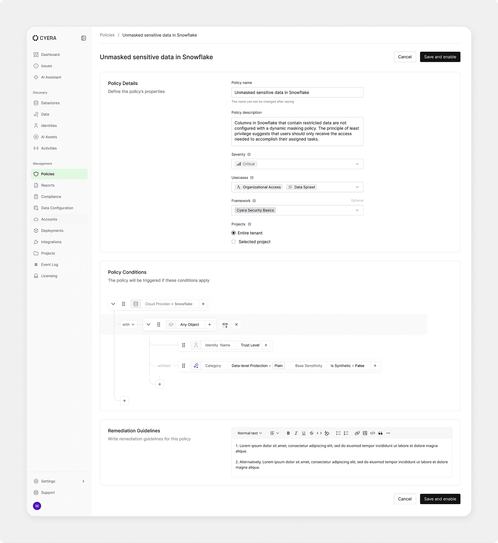 Policy editor showing Snowflake tag integration