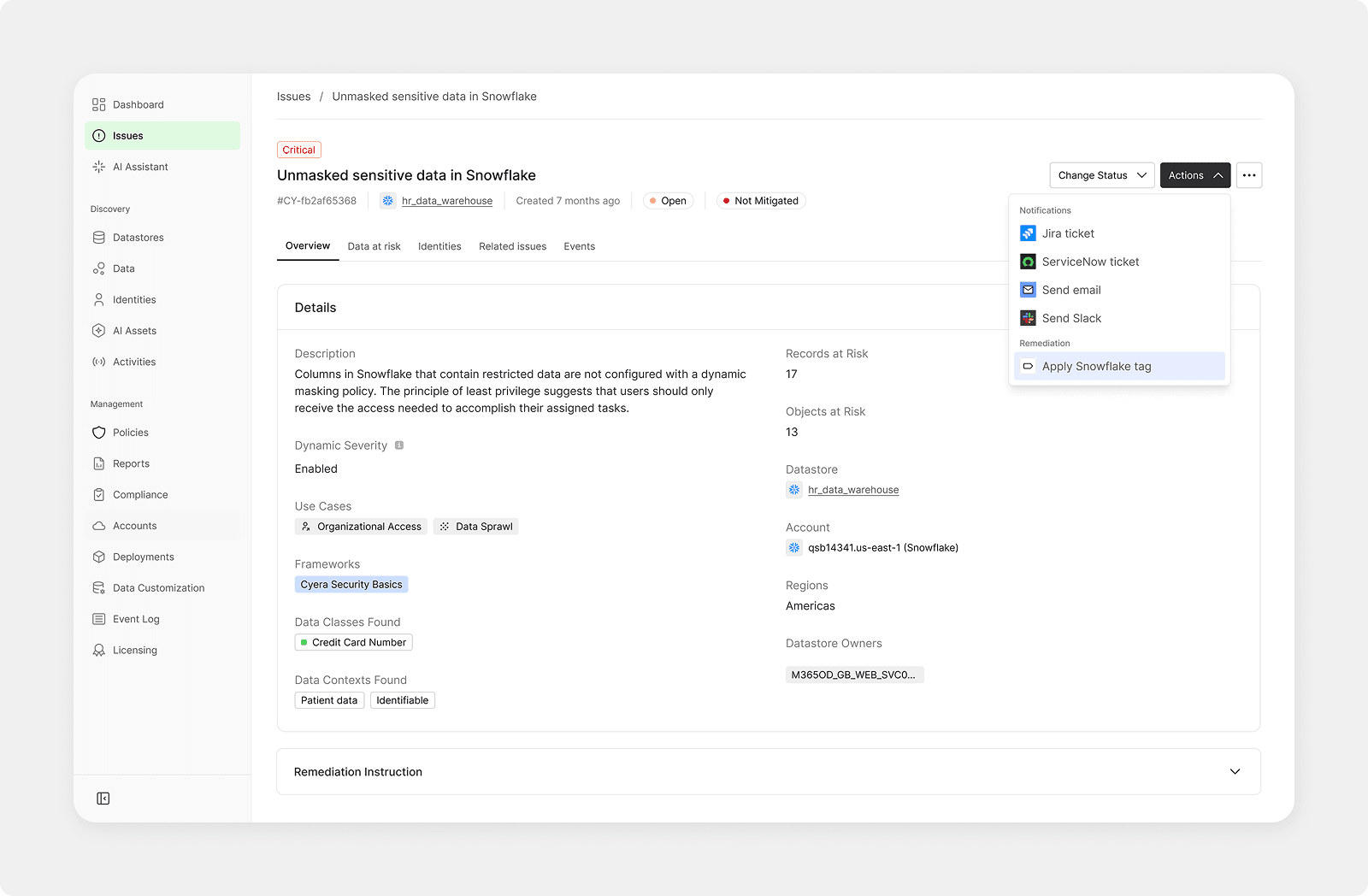 Column-level data security interface showing Snowflake tag management