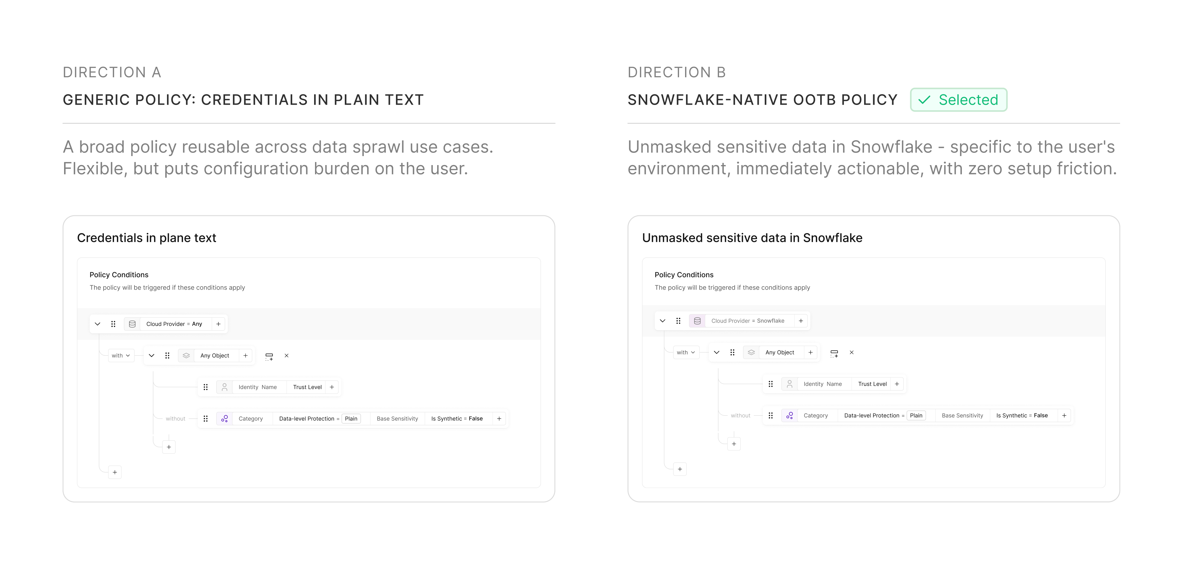 Diagram showing the decision to prioritize Snowflake-native specificity over a generic approach