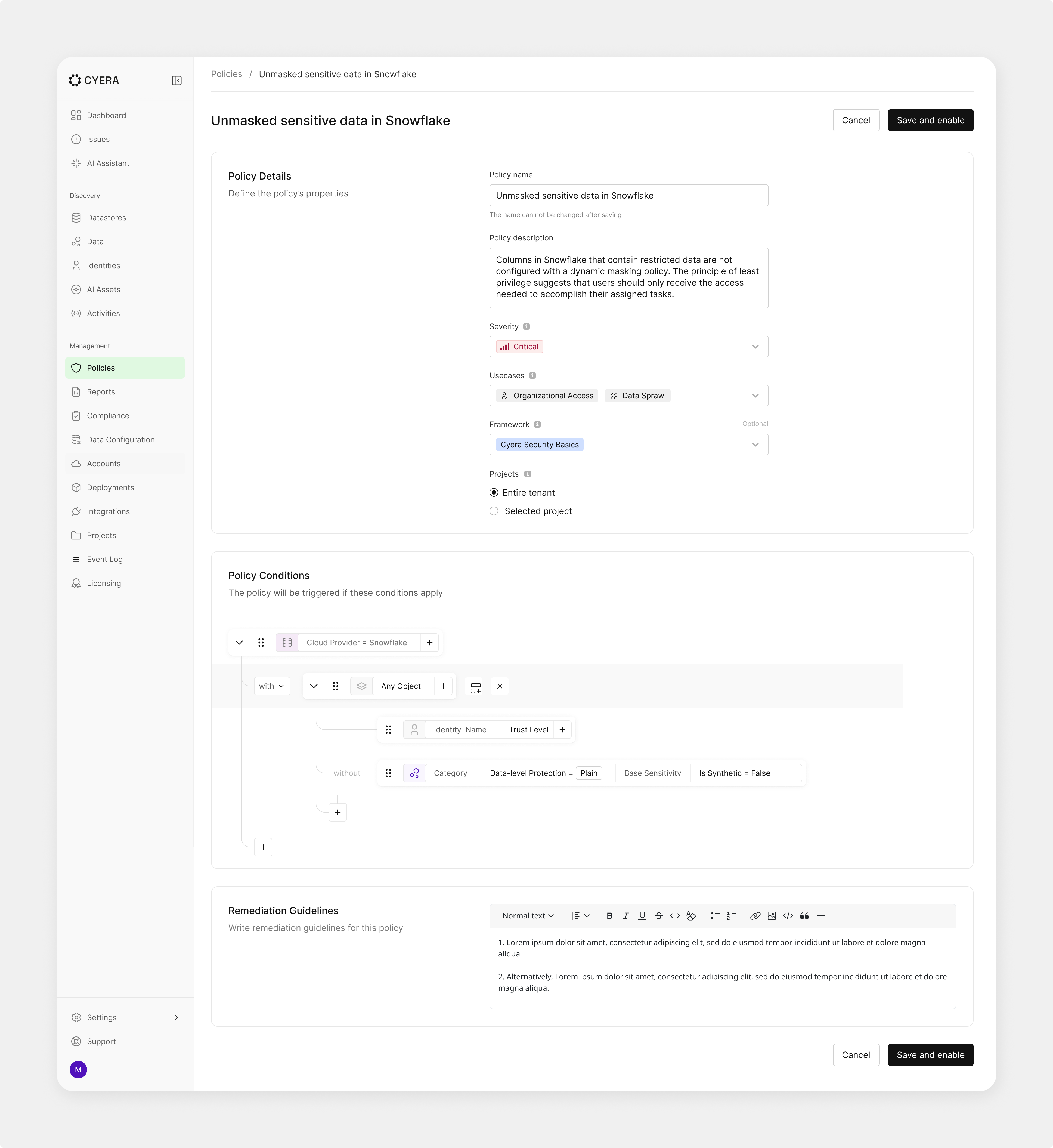 Policy editor showing Snowflake tag integration