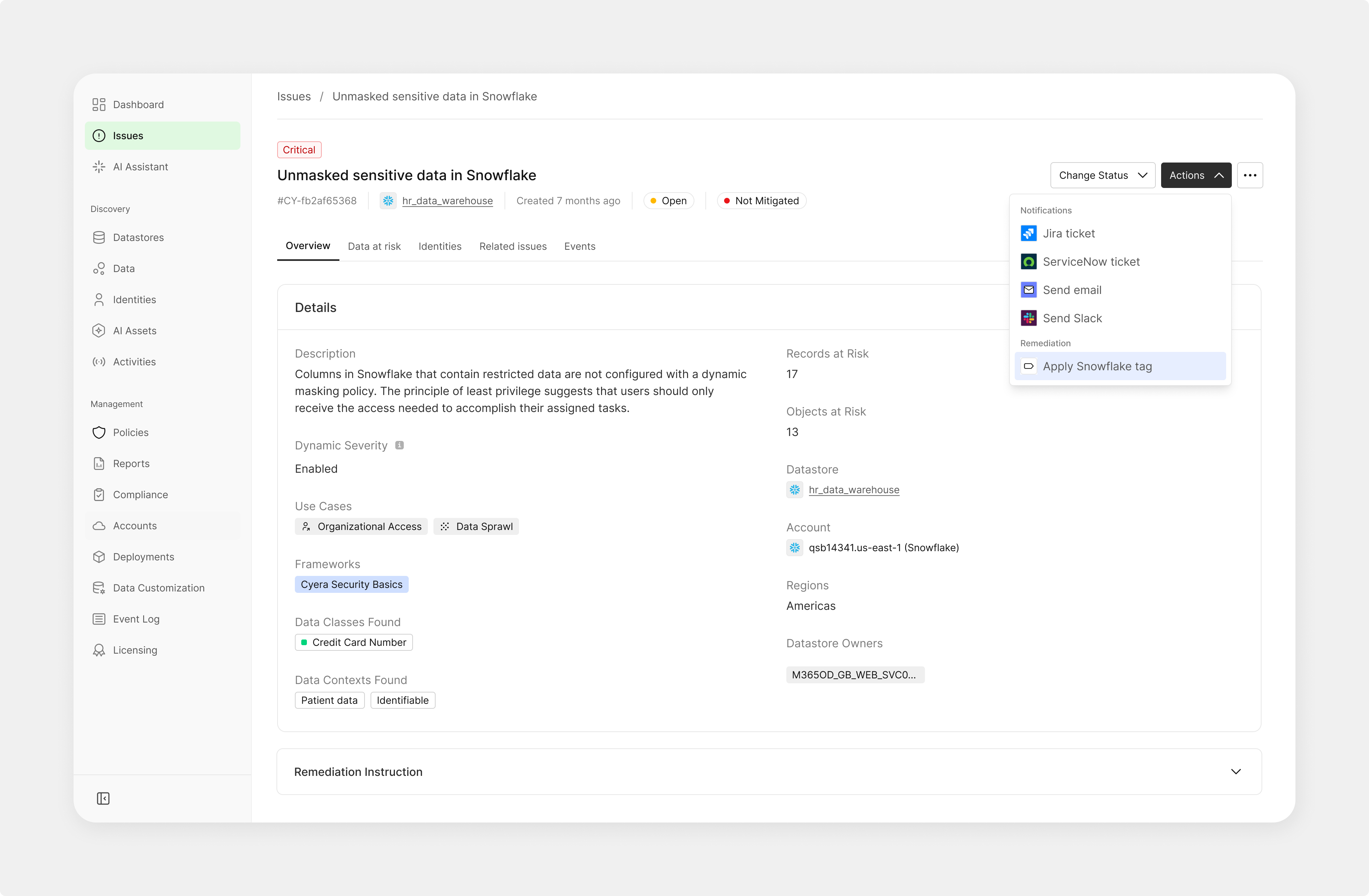 Column-level data security interface showing Snowflake tag management