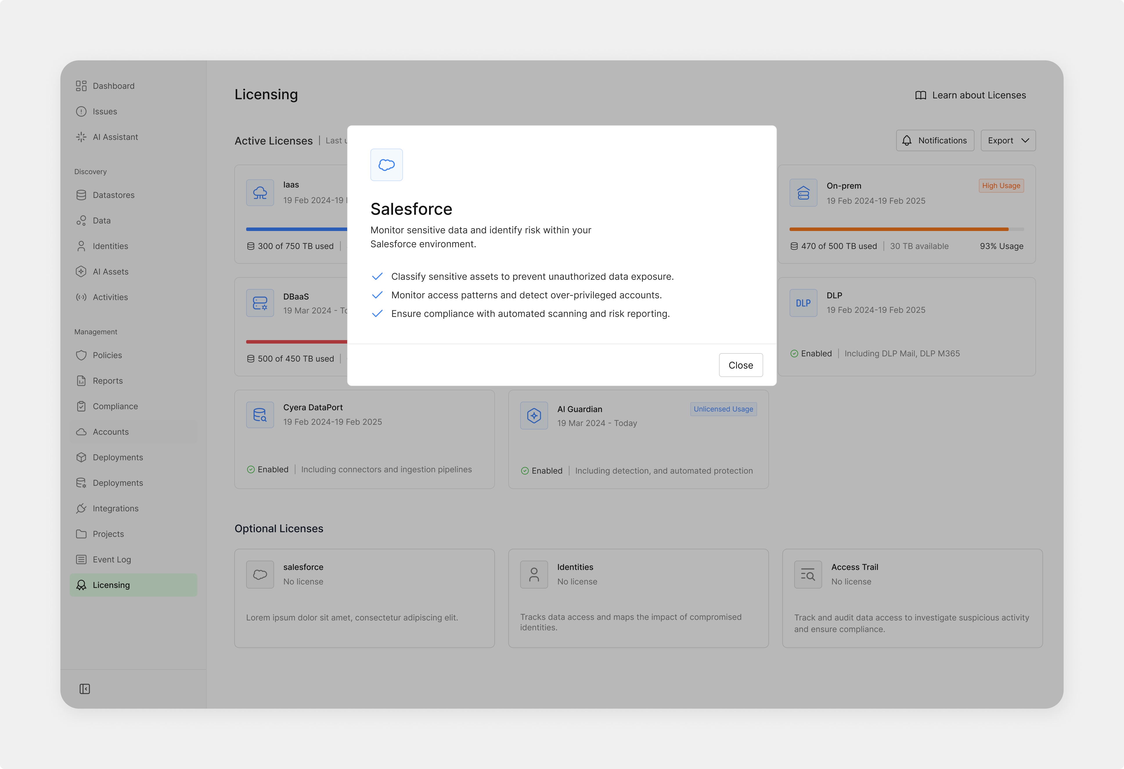 Optional license modal explaining product value