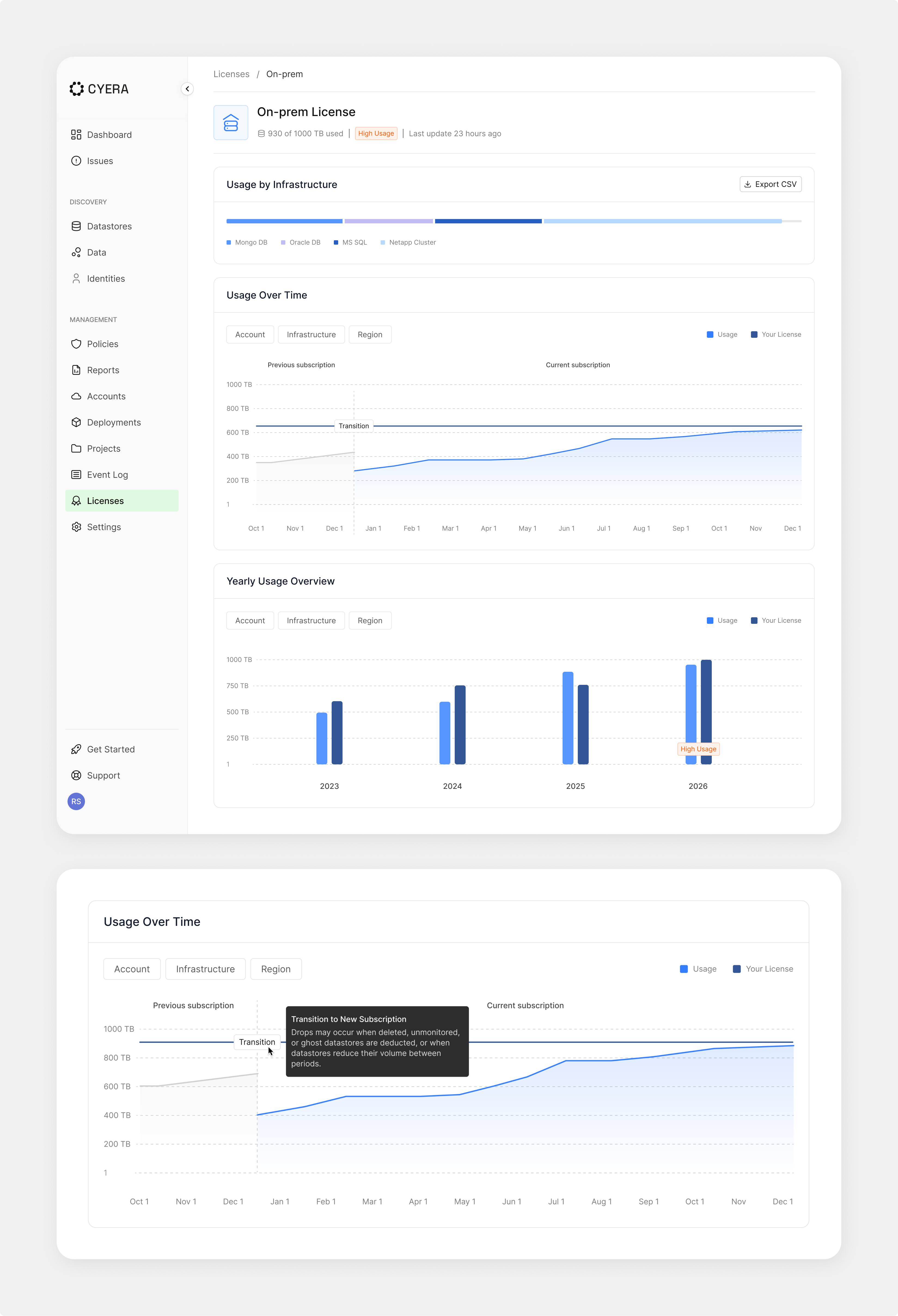 License detail page with usage charts and breakdowns